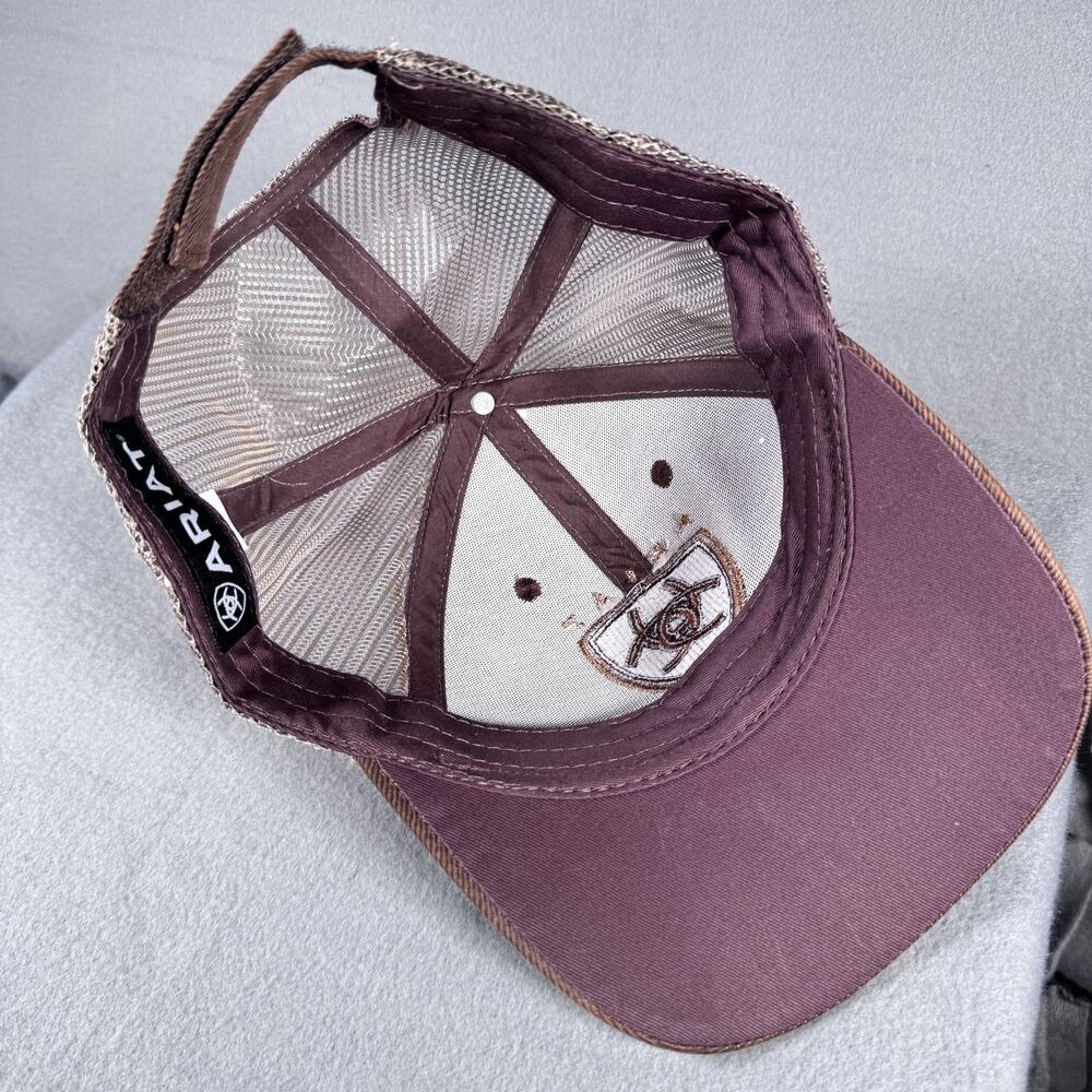 Ariat Hat Cap Strap Back Mens One Size Brown Tan Mesh Trucker Embroidered Shield - Picture 9 of 11